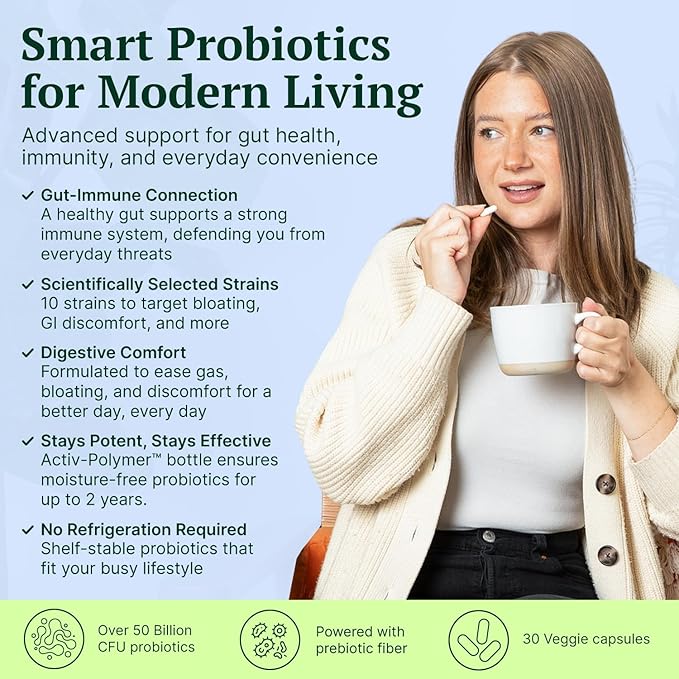 Mega-Strain 50 Billion CFU Probiotics + Prebiotics 30 Caps Probiotics for Women &amp Men - Maintain Good Flora Probiotic &amp Digestive Health - No Refrigeration Required Probiotics Lactobacillus Rh