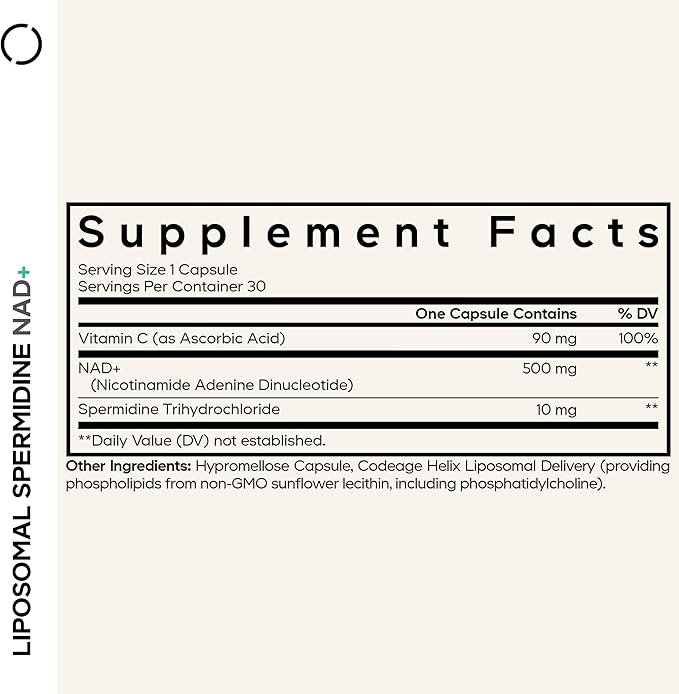Codeage Liposomal Spermidine NAD+ Spermidine Supplement - 500 Mg NAD+ Vitamin C - Liposomal Delivery - Nicotinamide Adenine Dinucleotide Pills - 1 Capsule Per Serving - Vegan Non-GMO - 30 Capsules