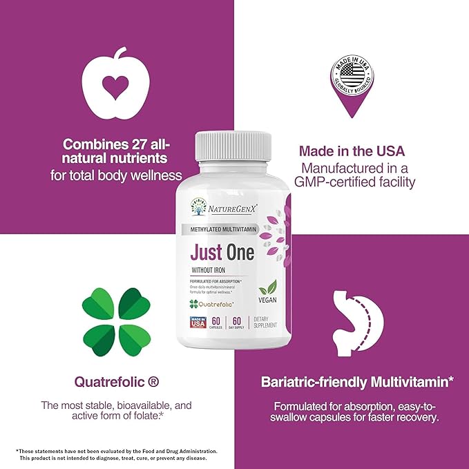 Just One Daily Methylated Multivitamin - Iron-Free with Methyl B12 &amp Quatrefolic Methylfolate - Methylation Support for Men &amp Women - 2-Pack Best Value 120 Vegan Capsules (4-Month Supply)