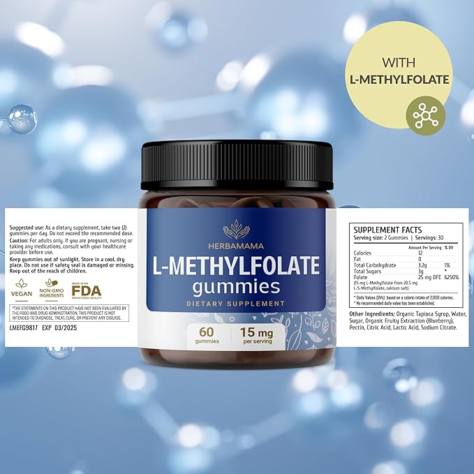 HERBAMAMA L-Methylfolate Gummies - 15mg 5-MTHF Calming Supplement for Adults - Vegan Non-GMO Methylated Folate (Vitamin B9) for Brain Support - 60 Pectin-Based Blueberry-Flavored Chews