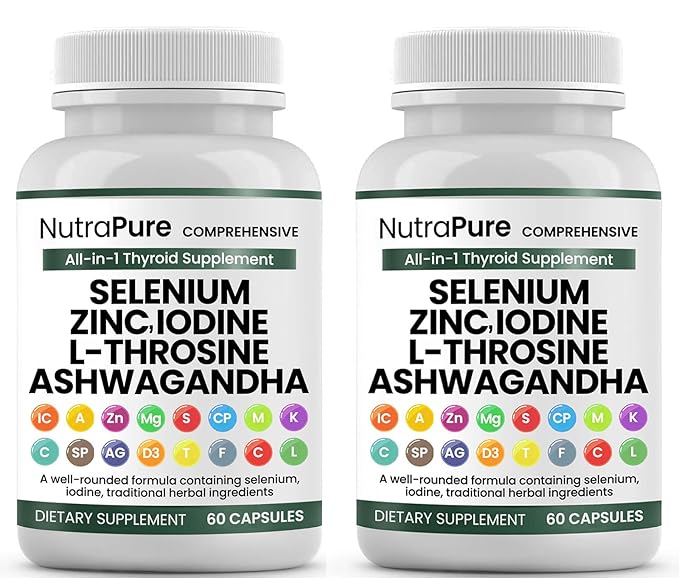 Thyroid Support - Thyroid Support for Women &amp Men | Selenium Iodine L Tyrosine Ashwagandha Bladderwrack Turmeric Kelp Schisandra Zinc - 60 Capsules (2 Bottles)