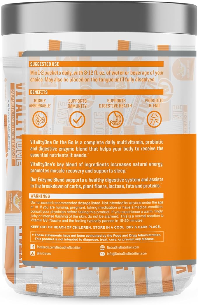NutraOne VitalityOne On The Go Complete Multivitamin Probiotic and Enzyme Blend Orange Cream – 30 Servings
