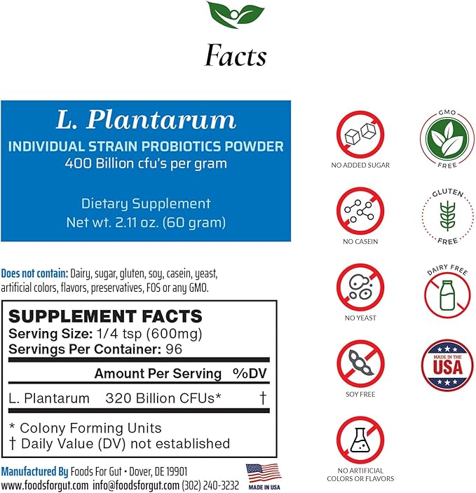 Foods For Gut Lactobacillus Plantarum Probiotic Powder 400 Billion cfu's | Made in USA | No Additives | Direct from Manufacturer | No Third-Party Storage | Immune Support | 60 Grams (2.11 OZ)