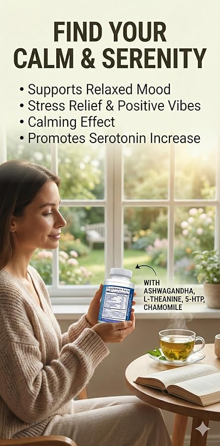 Natural Mood &amp Serotonin Support - Nutrisuppz Anxiet-Ease Formula with Ashwagandha L-Theanine GABA 5-HTP Magnesium - 60 Capsules