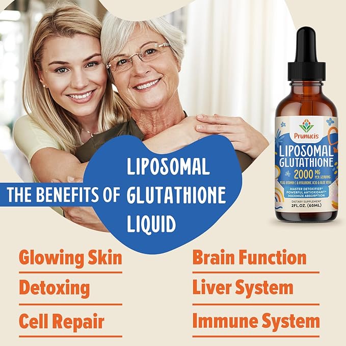 Prunucis 2000MG Liposomal Glutathione Liquid 98% Absorption Active Form L-Glutathione Supplement Vegan Friendly Powerful Antioxidant Complex for Immune System Aging Defense Detox 2 FL.OZ