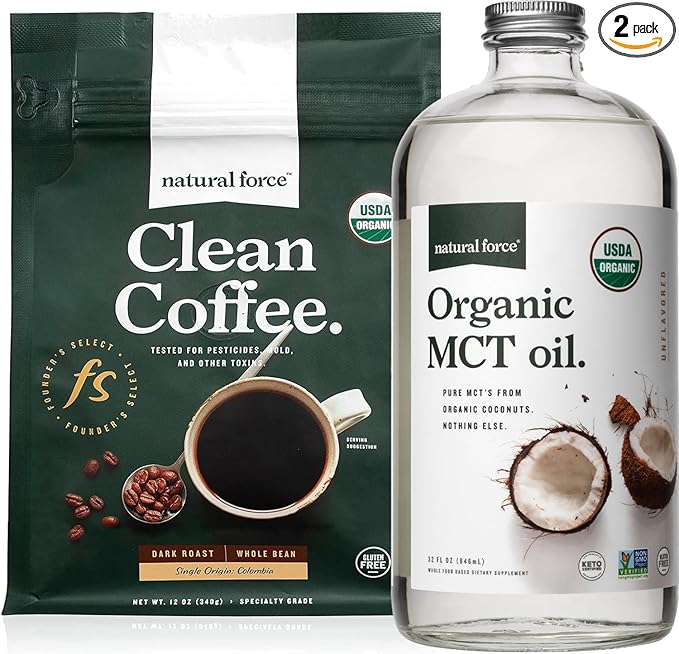 Natural Force Organic Dark Roast Clean Coffee + Organic MCT Oil Bundle – 100% Pure Coconut MCTs &amp Mold &amp Mycotoxin Free Coffee – Non-GMO Keto Paleo and Vegan - 12 Oz and 32 Oz