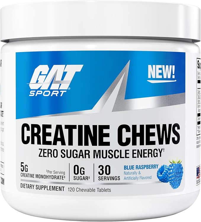GAT SPORT Creatine Chews Zero Sugar 5g Pure Creatine Monohydrate 3rd Party Tested Brain Health Muscle Strength Anti-oxidant Support for Men &amp Women 30 Servings (Blue Raspberry)