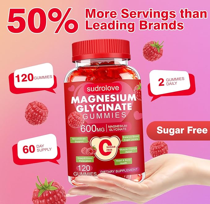 Magnesium Glycinate Gummies 600mg- Sugar Free Mg Potassium Supplement with Magnesium Glycinate Vitamin D B6 and CoQ10 for Calm Support &amp Sleep for Adults 60 Days Supply ((Pack of 2) Raspberry)