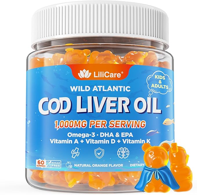 Cod Liver Oil Gummies 1000mg for Kids &amp Adults - w/Omega 3 (EPA &amp DHA) Vitamins A D3 &amp K2 - Cod Liver Oil Omega 3 Gummies for Immune Brain &amp Cognitive Support Sugar-Free Orange Fl