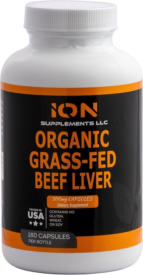 100% Organic Grass Fed Beef Liver Capsules (180 Caps) - Pasture Raised - Iron Vitamin A B Collagen - Promotes Energy Detoxification Whole Body Wellness - Ancestral Paleo Living - Ion Supplements