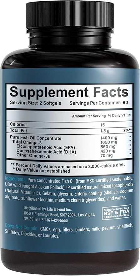 Omega-3 Supreme 1400 mg Wild Alaskan Fish Oil | Enteric Coated Burpless | MSC Certified High EPA DHA Improved Absorption &amp Heavy Metal Tested (3 Mo Supply180 Softgels)