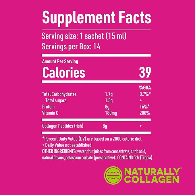 Premium Hydrolyzed Liquid Marine Collagen Supplement - 8000mg of Collagen per Sachet Plus 180mg VIT C - Natural Tropical Fruit Flavour - 14 Sachets per Box