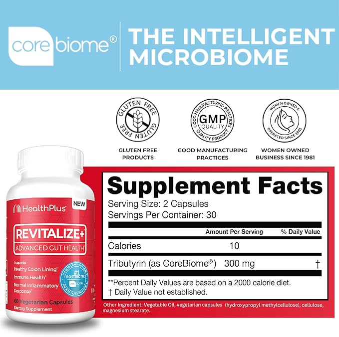 Health Plus Revitalize+ CoreBiome Butyrate Postbiotic for Complete Digestive Health Leaky Gut &amp Colon | Gut Health Supplement for Men &amp Women | 60 Capsules 30 Servings