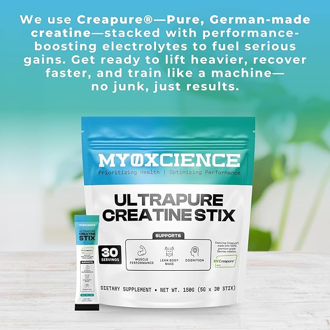 MYOXCIENCE Creapure® Creatine Stix | 5 Grams of German Creatine Monohydrate Per Stick Pack | Supports Muscle Performance Lean Body Mass &amp Cognition | 30 Single Serve Stix