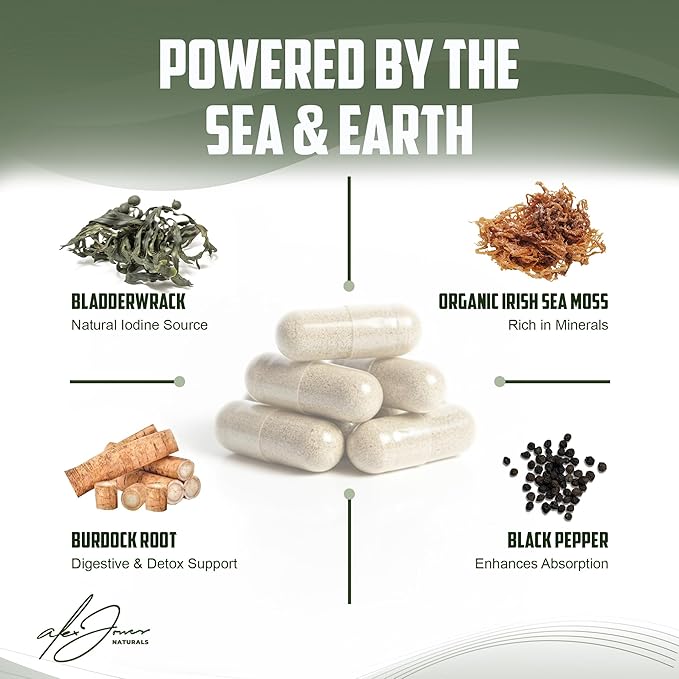 Alex Jones Ultimate Seamoss Capsules – Vegan Non-GMO Seaweed Supplement w/Bladderwrack &amp Burdock Root – Immune Boost Energy Support Sea Moss Supplements for Men &amp Women - 60 Nutrition Suppor