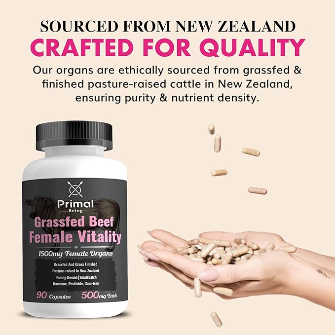 Primal Being Grassfed Beef Female Vitality Supplement- Supports Hormonal Health Fertility Inflammation Energy - 90 Capsules 1500mg per Serving