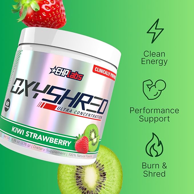 EHP Labs OxyShred Pre Workout Powder - Preworkout Powder with L Glutamine &amp Acetyl L Carnitine Energy Boost Drink - Kiwi Strawberry 60 Servings