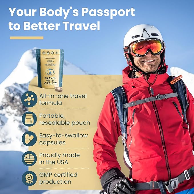 Natural Travel Pills - Traveling Supplement for Jet Lag Relief Digestion Immunity Energy Sleep Circulation - Vacation and Long Flight Essentials for Men and Women - 30 Day Supply