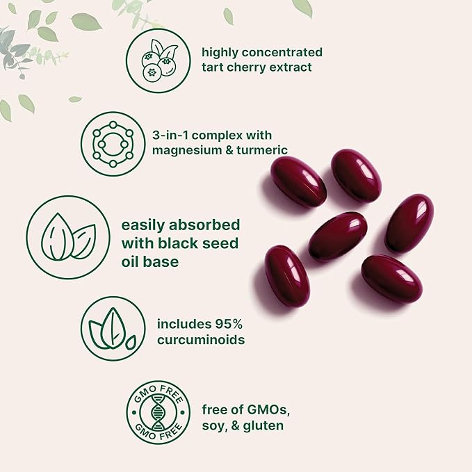 Tart Cherry+ with Magnesium Glycinate &amp 95% Turmeric Curcumin 300 Softgels | Highly Bioavailable with Black Seed Oil Carrier | Extra Strength Tart Cherry Extract | Natural Herbal &amp Mineral Co