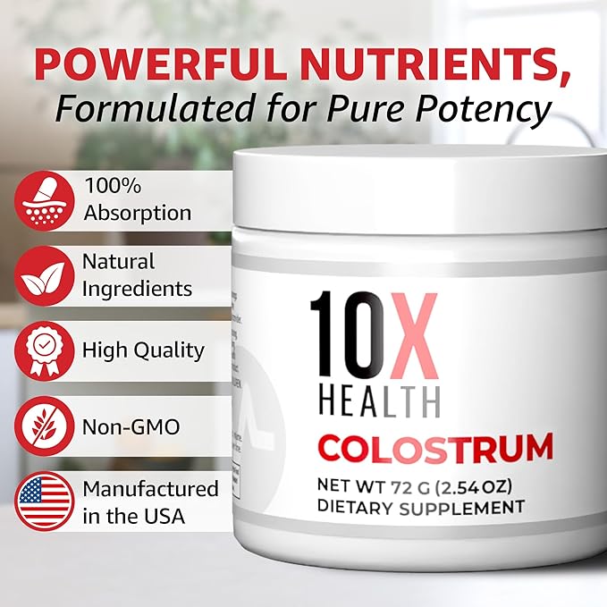 10X Health Bovine Colostrum Powder - Organic Colostrum Supplement Powder with Cat’s Claw Extract and Lactoferrin - Easy-Mix Unflavored for Immunity &amp Gut Support - 60 Servings