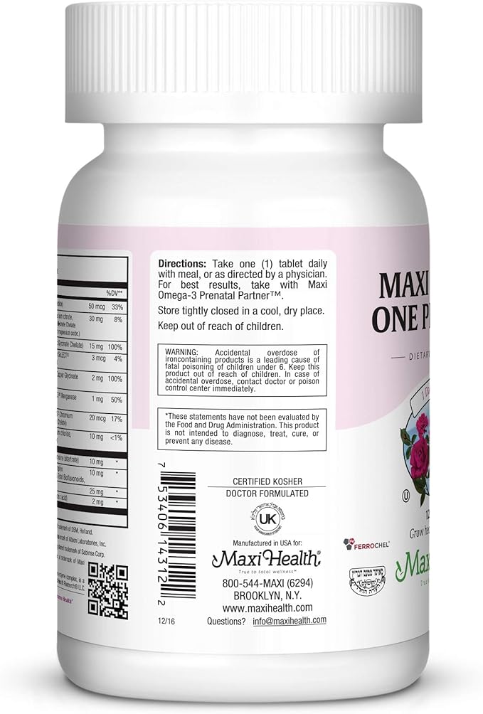 Maxi Health Prenatal Vitamins for Women – One Daily Prenatal Vitamins with Iron Folate Choline Vitamin D3 and Essential Nutrients – High Absorption Supplement – 120 Day Supply