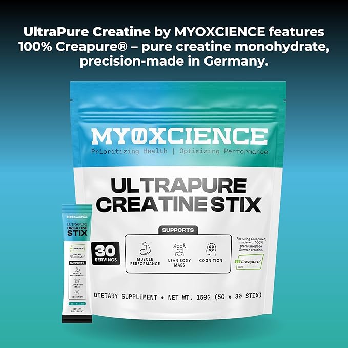 MYOXCIENCE Creapure® Creatine Stix | 5 Grams of German Creatine Monohydrate Per Stick Pack | Supports Muscle Performance Lean Body Mass &amp Cognition | 30 Single Serve Stix