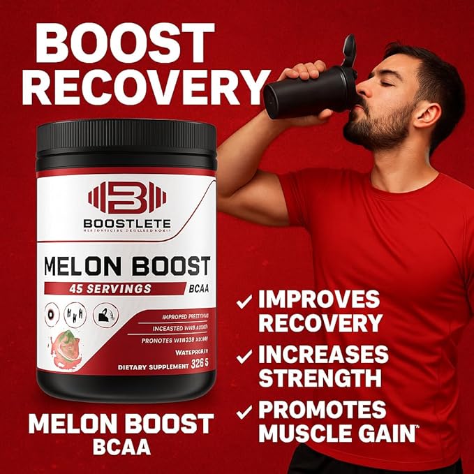 Melon Boost BCAA – Watermelon Flavor – 45 Servings – Muscle Recovery &amp Strength Support – Glutamine &amp BCAA 2:1:1 Supplement – Dietary Powder for Fitness &amp Workout