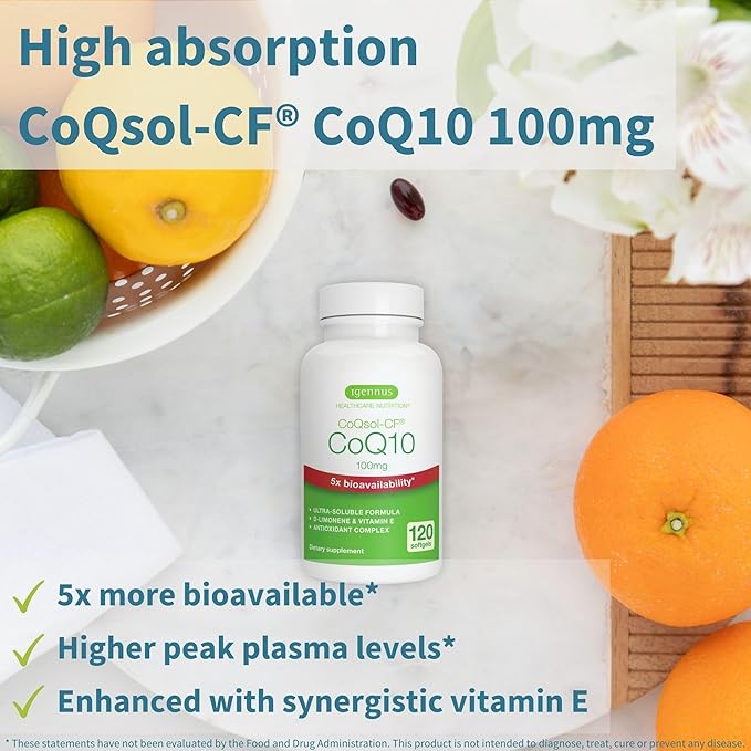 Igennus Advanced CoQ10 100mg 5X Bioavailability CoQsol-CF Boosted with D-Limonene 120 1-a-Day Servings Heart &amp Energy Ubiquinone Coenzyme Q10 &amp Vitamin E Antioxidant