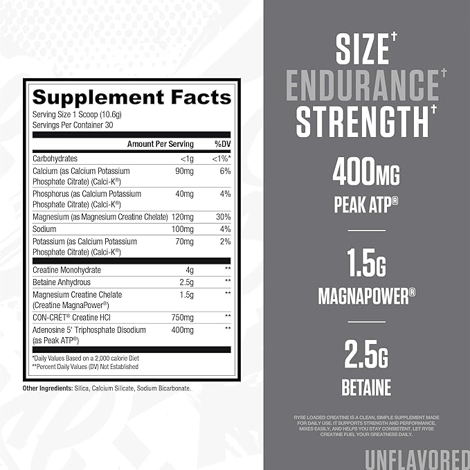 RYSE Loaded Creatine for Men &amp Women - Unflavored - Muscle Building Formula with 3 Forms of Electrolytes Betaine Anhydrous and Peak ATP - Strength Power &amp Endurance Support - 30 Servings
