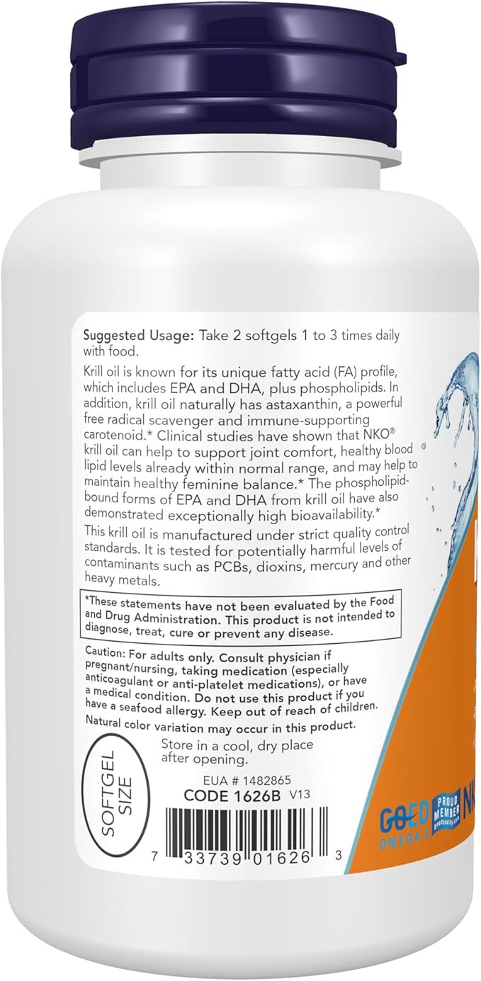 NOW Supplements Krill Oil 500 mg Phospholipid-Bound Omega-3 Cardiovascular Support* 120 Softgels