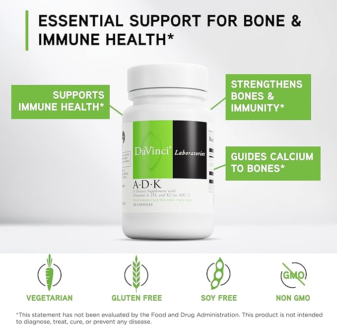 DAVINCI Labs ADK - Helps Support Bone Heart &amp Immune Health - Dietary Supplement with Vitamins A D3 &amp K2 (as MK-7) - Vegetarian Gluten Free &amp Soy Free - 30 Capsules