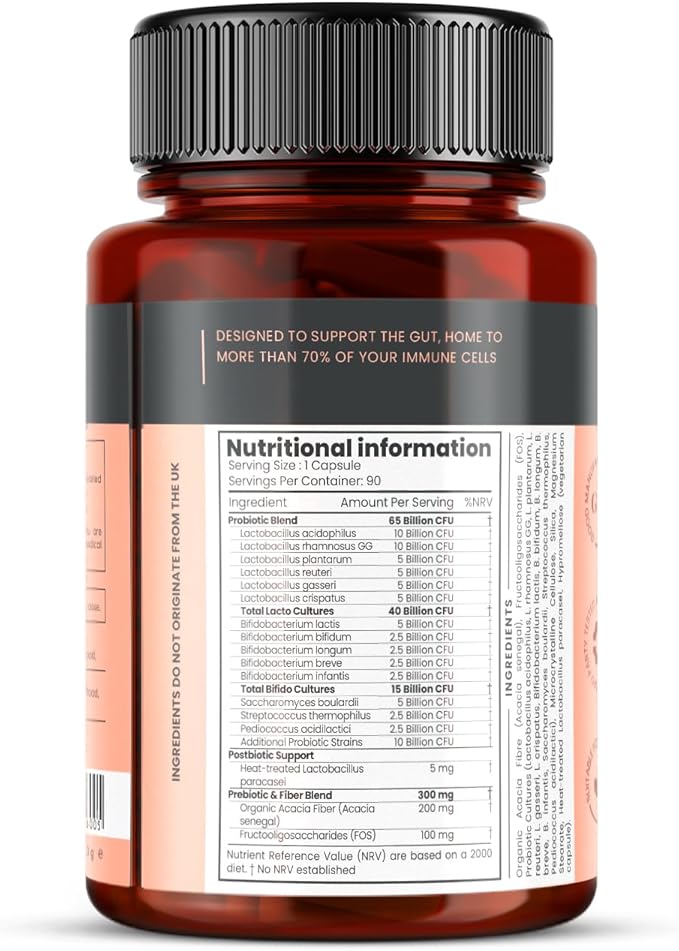 pureclinica 65 Billion CFU Probiotic Supplement x 90 Capsules – 14 Strains with Prebiotics &amp Postbiotics – 3 Month's Supply