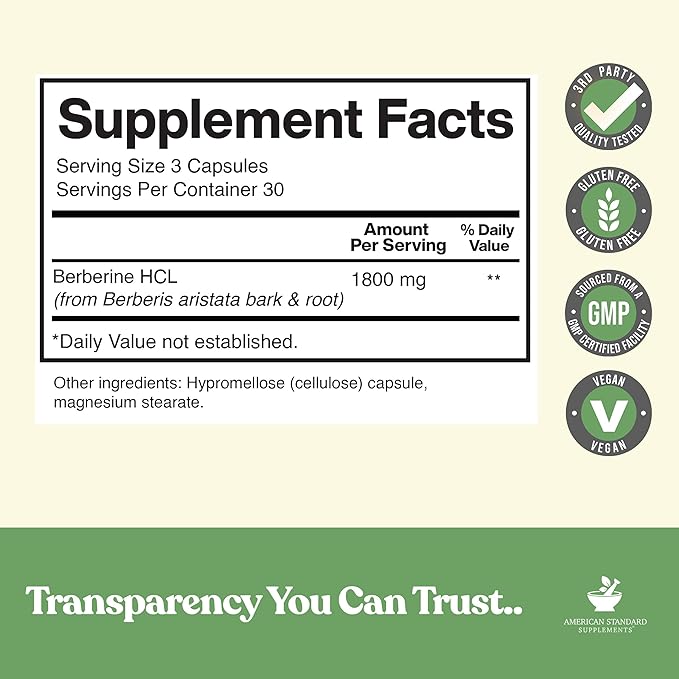 American Standard Supplements Berberine Capsules 1800mg Per Serving 90 Veggie Capsules