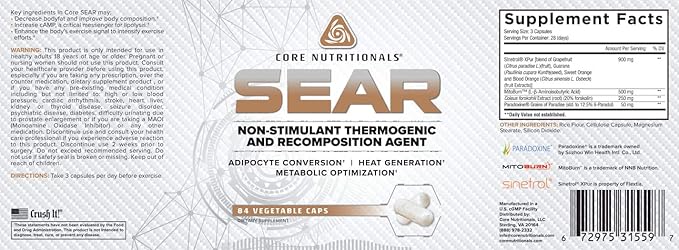 Core Nutritionals Sear Thermogenic &amp Recomposition Agent | Non Stim Fat Burner | Weight Management Support | with Paradoxine Grains of Paradise | 84 Vegetable Capsules