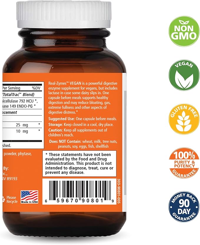 Real-Zymes™ VEGAN Digestive Enzymes Supplement with Probiotics for Better Digestion - Natural Support for Relief of Bloating Gas Belching Diarrhea Constipation IBS etc. - 30 Caps