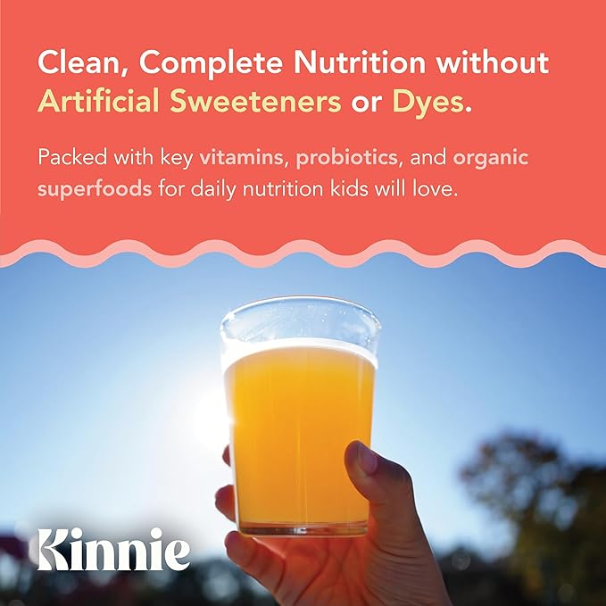 Kinnie Kids Multivitamin with Pre/Probiotic &amp Organic Superfoods for Kids - 22+ Vitamins &amp Minerals - Sugar-Free Orange Flavor - Immune Gut &amp Oral Health Support - Ages 4+ (30 Sticks)