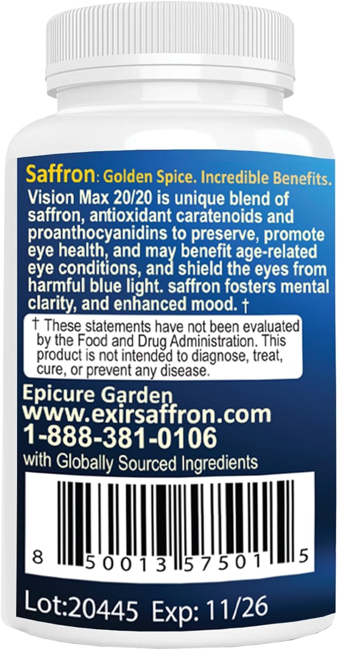 EXIR Eye Vitamin Supplement | Saffron Curcumin Astazanthin - Supports Eye Health Visual Comfort &amp Focus VM20-30 Capsules