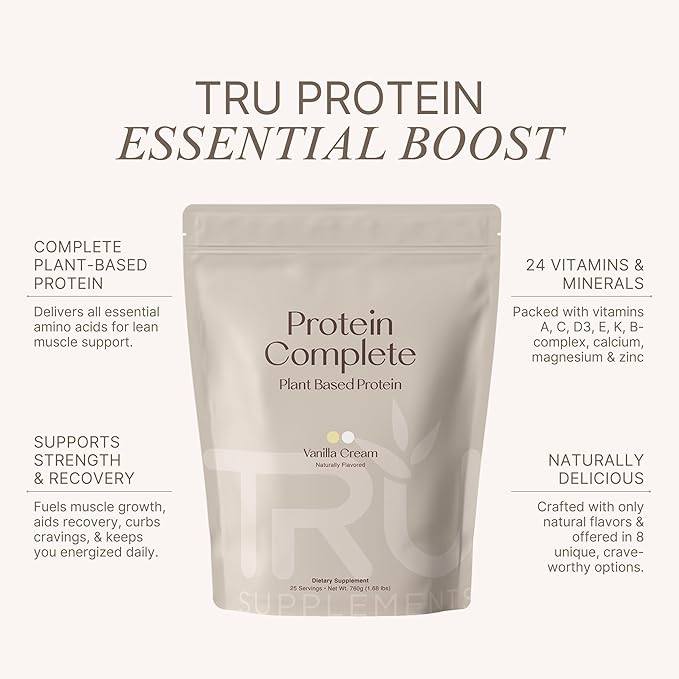 TRU Supplements Plant Based Protein Powder BCAA EAA 20g Vegan Brown Rice &amp Pea Protein 100 Calories 27 Vitamins No Artificial Flavors 25 Servings (Vanilla Cream)