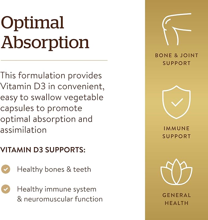 Solgar Vitamin D3 (Cholecalciferol) 125 mcg (5000 IU) 240 Vegetable Capsules - Helps Maintain Healthy Bones &amp Teeth - Immune System Support - Non-GMO Gluten Free - 240 Total Servings