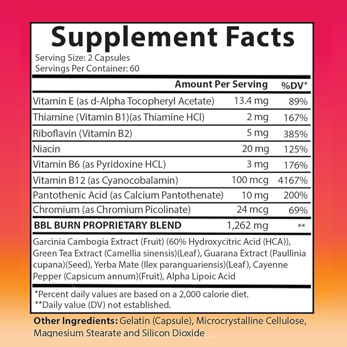 Better Booty BBL Burn Thermogenic Complex Capsules Tone &amp Sculpt Belly Bum + Legs w. Garcinia Cambogia Guarana Green Tea Ext ALA &amp Cayenne Pepper Supplement (120ct 60 Servings)