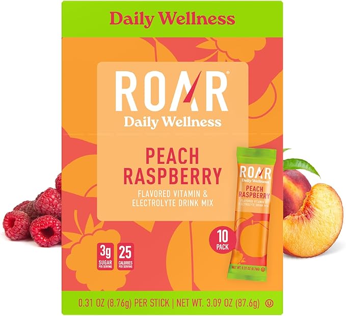 ROAR Organic Daily Wellness - Prebiotic Green Superfood Hydration Packets with Antioxidants - No GMOs Gluten Free - Peach Raspberry - 10 pc