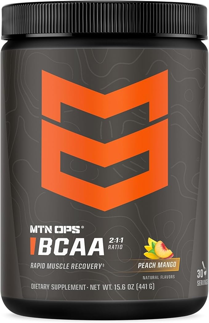 MTN OPS BCAA Powder 2:1:1 Amino Acids Supplement Powder for Rapid Muscle Recovery &amp Repair with Zero Sugar &amp Gluten Free - 30 Servings Peach Mango