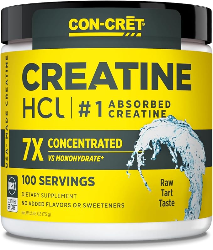 CON-CRET Creatine HCl Powder | Muscle Cognitive Cellular Energy Support | No Bloating or Cramps | USA Made &amp NSF Certified | Unflavored (100 Serving)