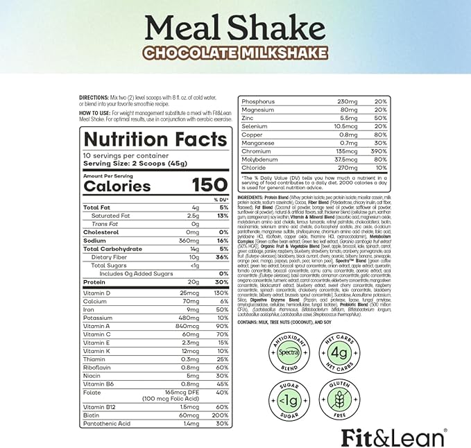 Fit &amp Lean Meal Shake Fat Burning Meal Replacement Protein Fiber Probiotics Chocolate 1lb 10 Servings Per Container