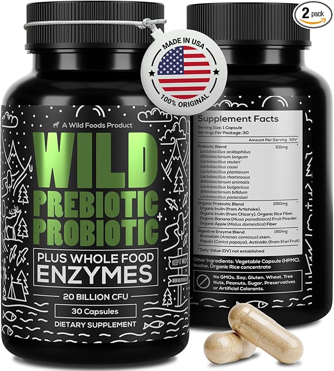 Wild Prebiotics and Probiotics with Digestive Enzymes | 20 Billion CFU - 10 Strains for Women &amp Men | Support Gut Health &amp Digestion Supplements | Non-GMO Prebiotic Fiber | 30 Count (Pack of 2