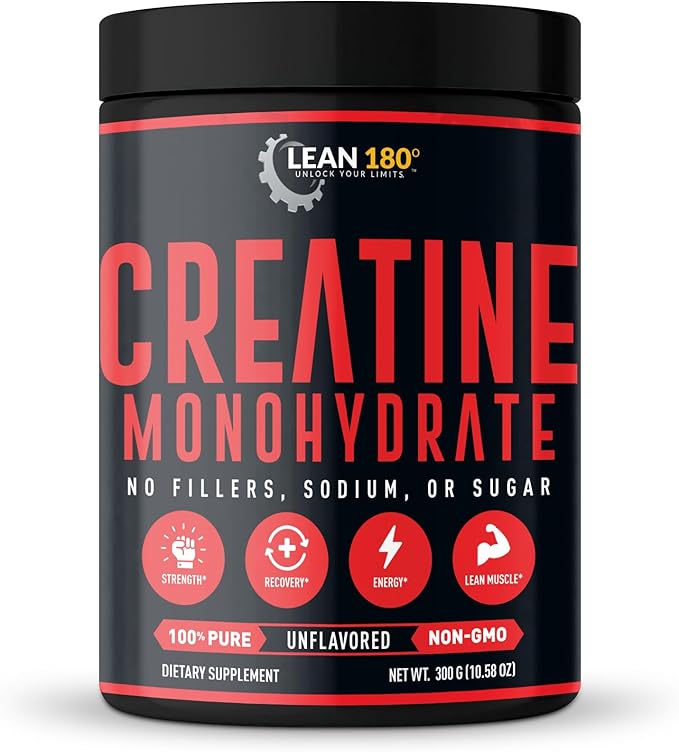 Lean 180 | Best Creatine Monohydrate Supplement | 100% Pure Powder | Improved Athletic Performance Muscle Recovery Brain Function | Gluten Free Lab Tested Unflavored - (60 Servings)