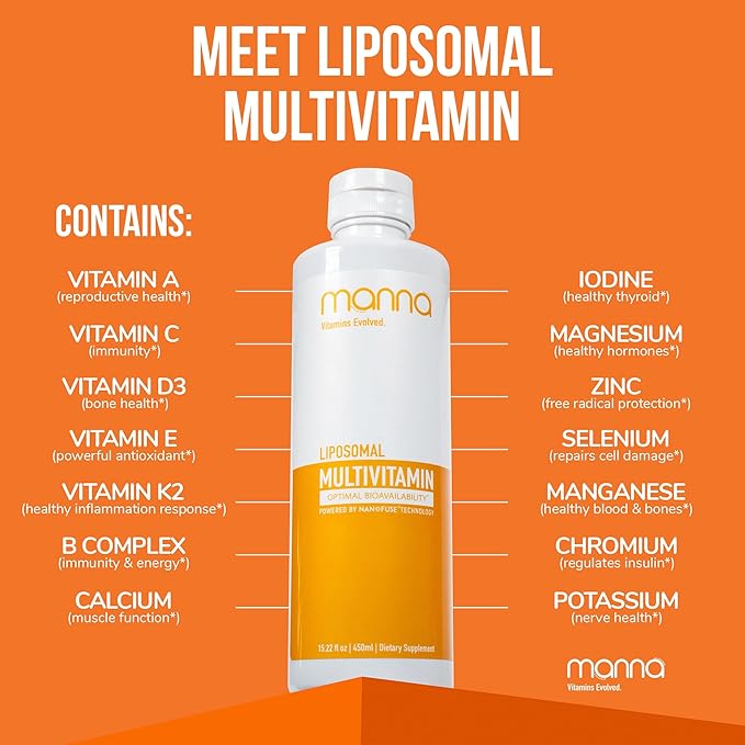 Manna Vitamins Evolved Liposomal Multivitamin - Daily Multivitamin Provides 20 Vitamins and Minerals - Multivitamins for Men and Women - Boosts Immune System Supports Energy and Metabolism