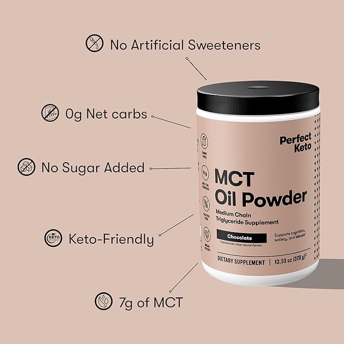 Perfect Keto 7g MCT Oil Powder Medium Chain Triglycerides Supplement Non Dairy Coffee Creamer for Keto Diet Ketogenic MCT Oil Mix for Coffee Smoothie Protein Shakes Chocolate 30 Servings