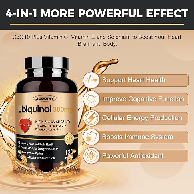 ZEBORA Ubiquinol CoQ10 300mg Softgels 4-in-1 Powerful Antioxidant for Heart and Vascular Health Essential for Energy Production Max Absorption Active Form of CoQ10 120 Softgels