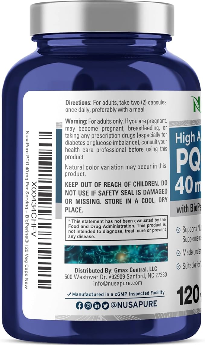 NusaPure PQQ Supplement 40 mg 120 Veggie Capsules Non-GMO Pyrroloquinoline Quinone Disodium Salt Bioperine &amp Vegan
